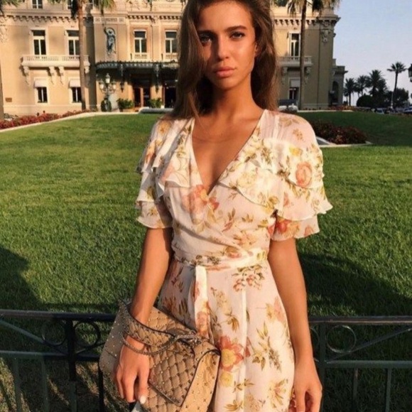 Zara Cream Fall floral chiffon ruffle wrap dress Fairycore Boho western feminine - Picture 5 of 16